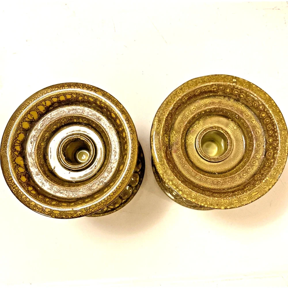 VTG Mid Century Candle Holder Pair Taper Pillar Pottery Ceramic Mottled Green